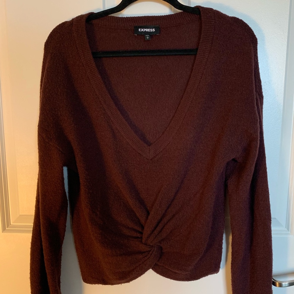 Express burgundy ruched cropped sweater low neck